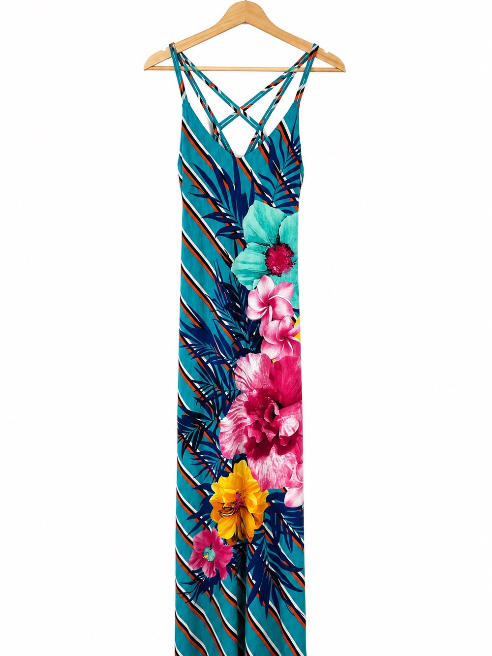 Tropical Floral Striped Crisscross Back Maxi Dress Medium Side Slit
